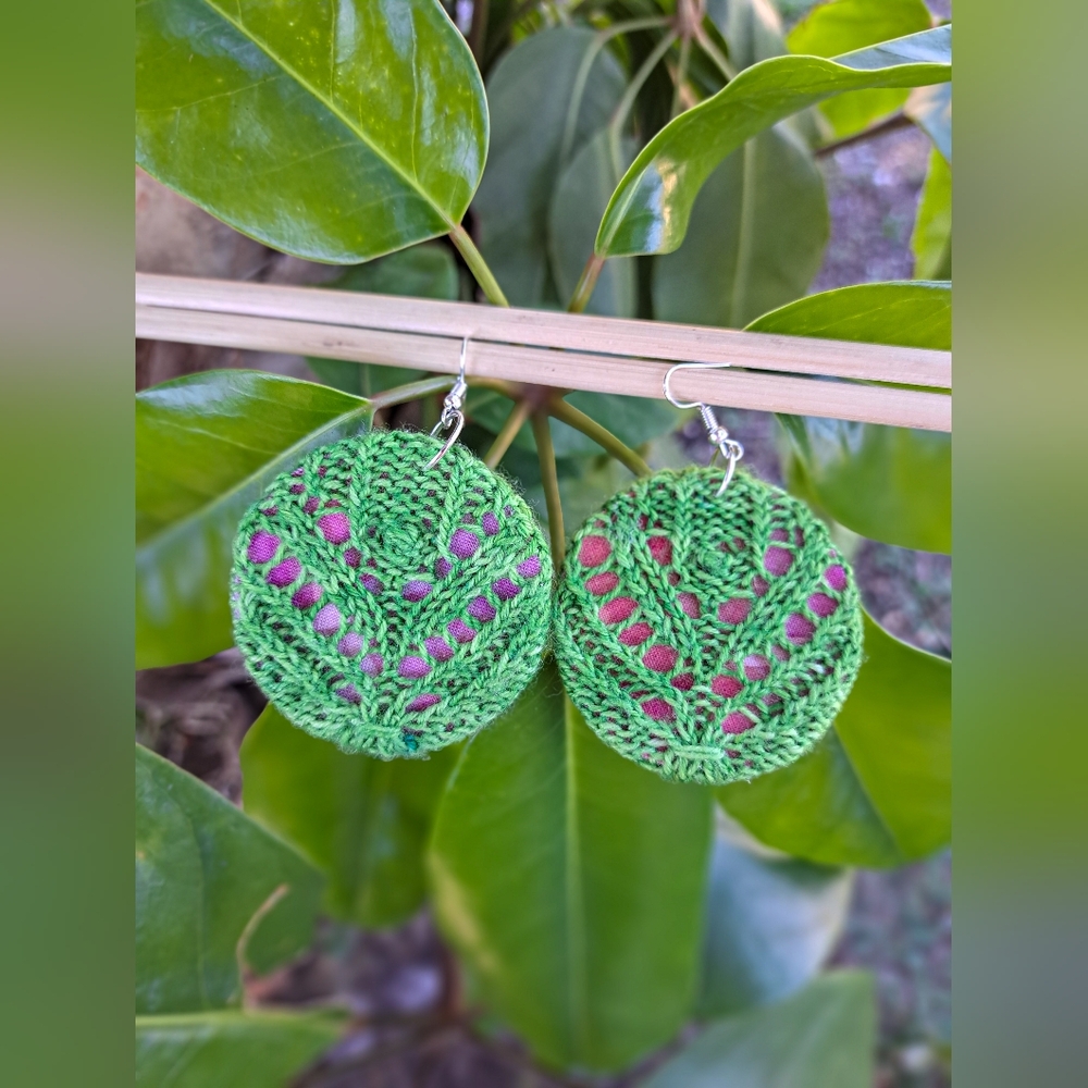 Circle Knit Earrings Green Hand Dyed Yarn Floral Pink Green Cotton